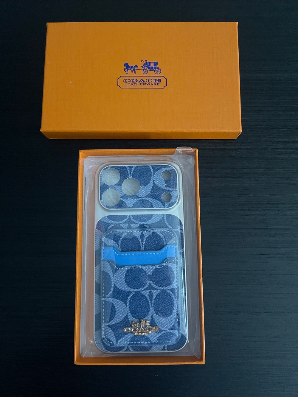 Coach Blue Canvas iPhone Case with Card Holder for 17 pro Mac